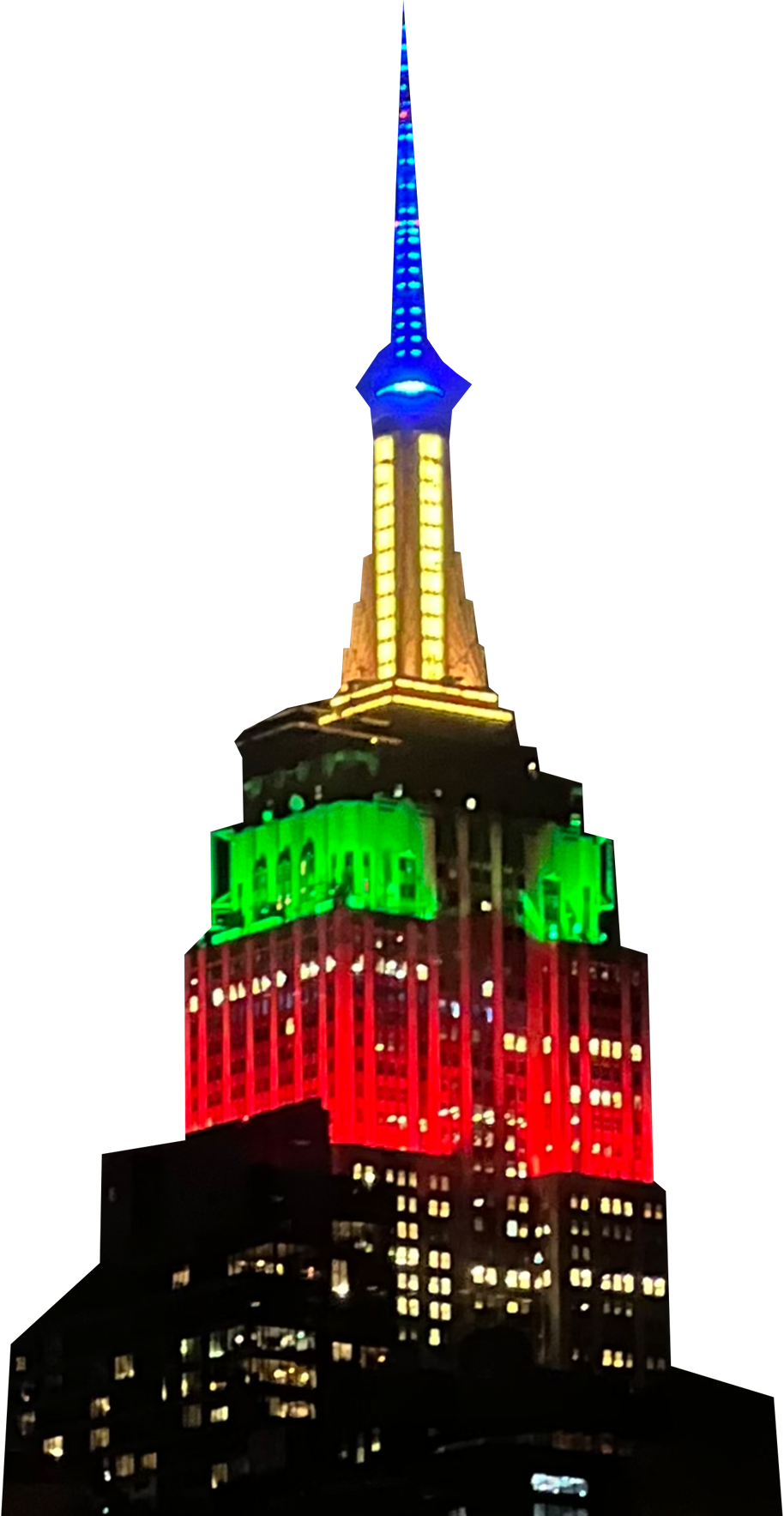 t7 hover, empire state building with blue, yellow, green, and red lights